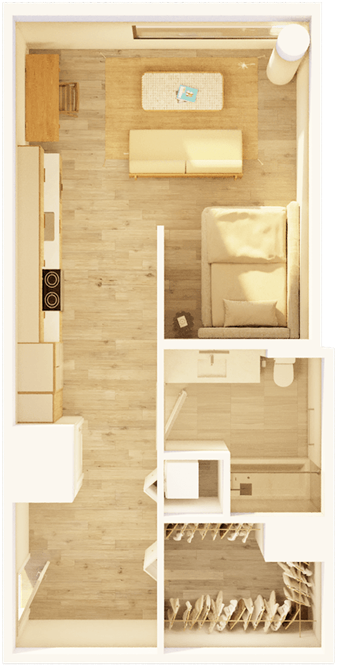 Floor plan for 1 bed, 1 bath, 584 sqft